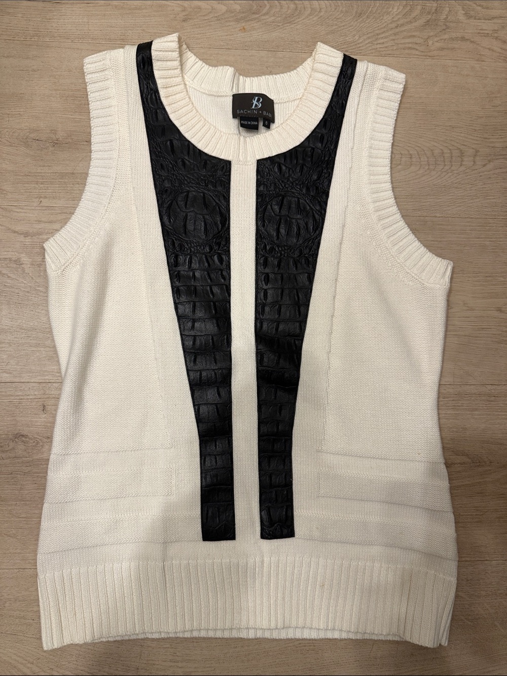 Sachin + Babi Cream Knit Sleeveless Top with Black Faux-Croc Panels